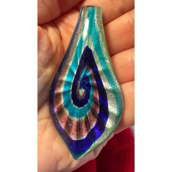 Murano Style Art Glass Pendant Teardrop Swirl | Blue Green Copper Glass Jewelry - Picture 6 of 7